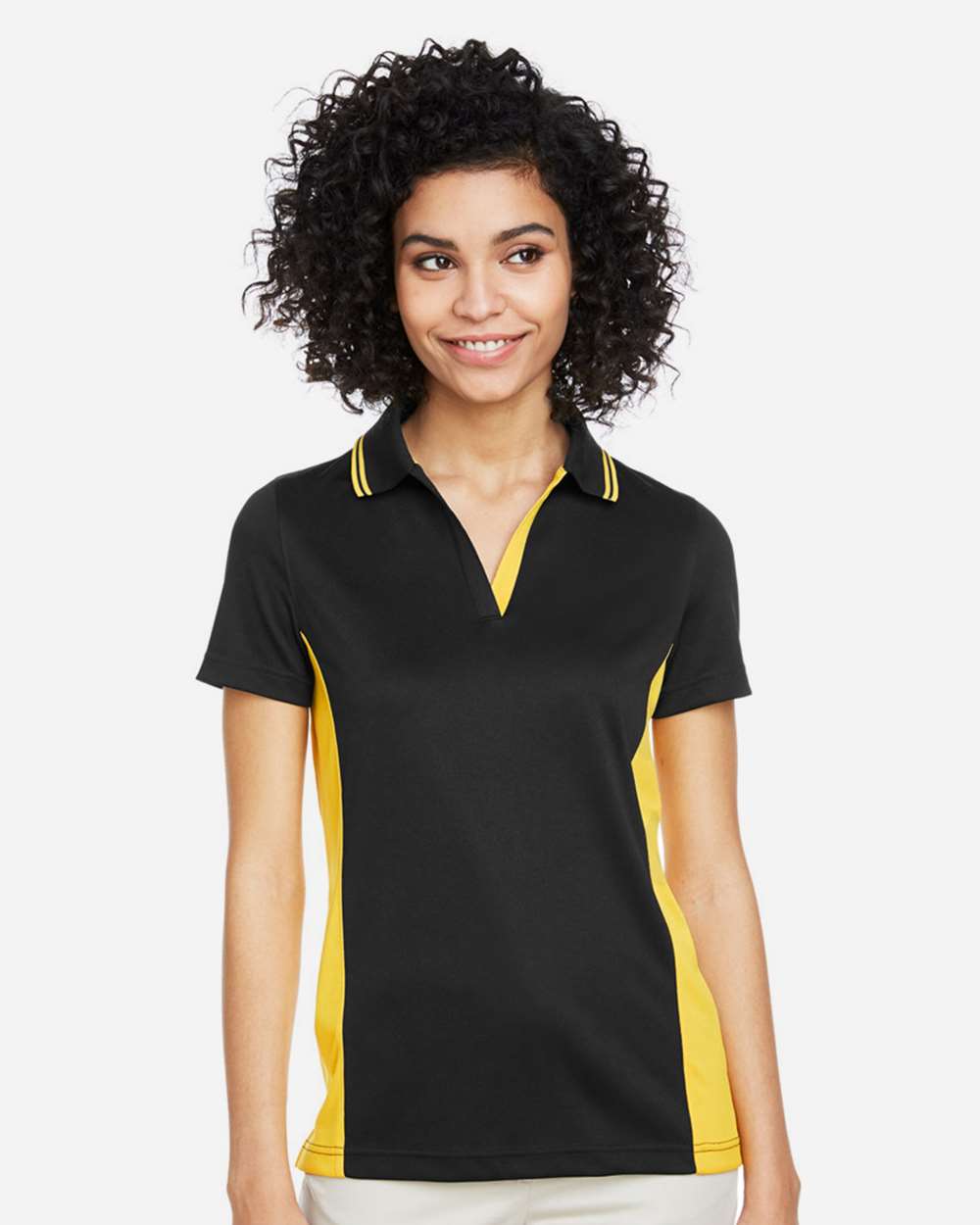 Harriton Women's Flash Snag Protection Plus IL Colorblock Polo - M386W Black- Sunray Yellow