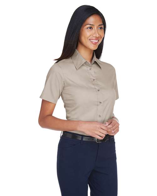 Harriton Women's Easy Blend™ Short Sleeve Twill Dress Shirt with Stain-Release - M500SW Stone