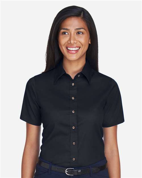 Harriton Women's Easy Blend™ Short Sleeve Twill Dress Shirt with Stain-Release - M500SW Black