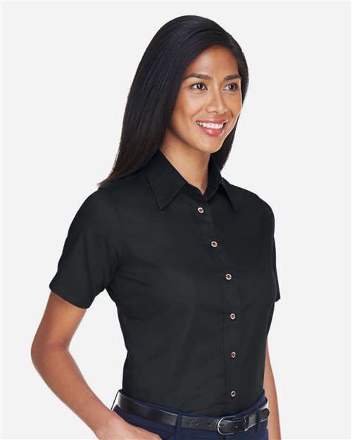 Harriton Women's Easy Blend™ Short Sleeve Twill Dress Shirt with Stain-Release - M500SW Black