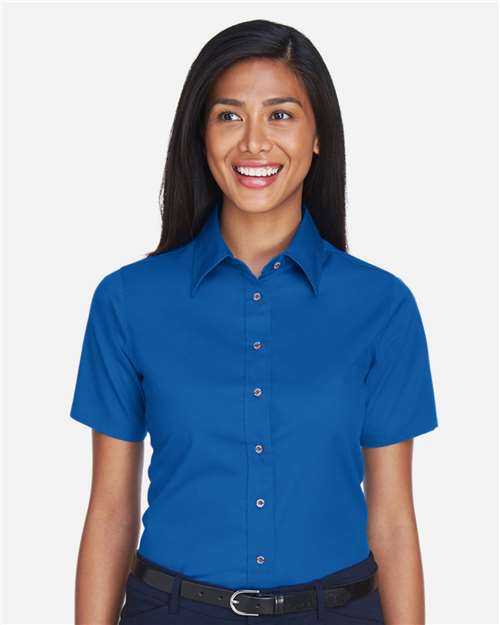 Harriton Women's Easy Blend™ Short Sleeve Twill Dress Shirt with Stain-Release - M500SW French Blue