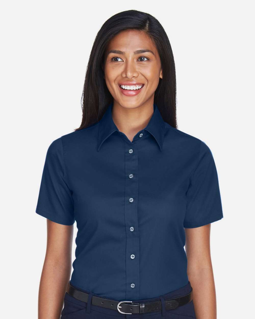 Harriton Women's Easy Blend™ Short Sleeve Twill Dress Shirt with Stain-Release - M500SW Navy