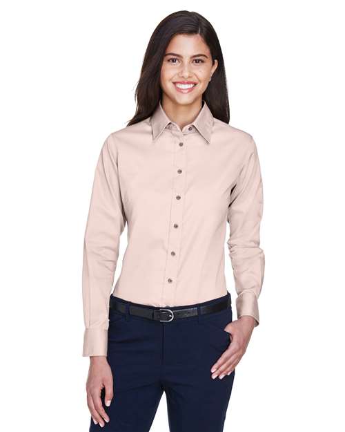 Harriton Women's Easy Blend™ Long Sleeve Twill Dress Shirt with Stain-Release - M500W Blush