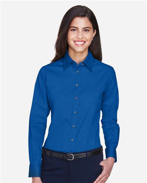 Harriton Women's Easy Blend™ Long Sleeve Twill Dress Shirt with Stain-Release - M500W French Blue