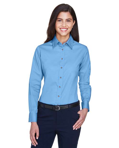 Harriton Women's Easy Blend™ Long Sleeve Twill Dress Shirt with Stain-Release - M500W Light College Blue
