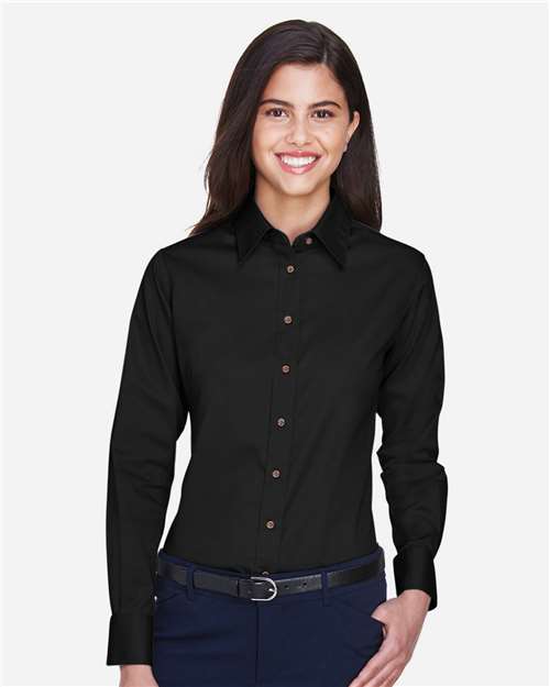 Harriton Women's Easy Blend™ Long Sleeve Twill Dress Shirt with Stain-Release - M500W Black