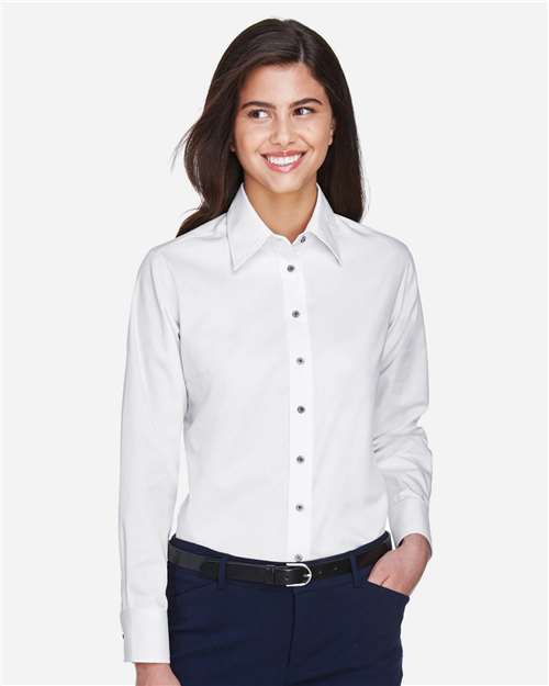 Harriton Women's Easy Blend™ Long Sleeve Twill Dress Shirt with Stain-Release - M500W White