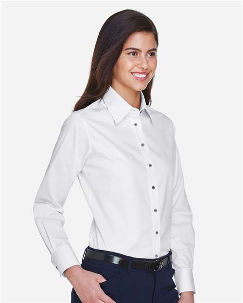 Harriton Women's Easy Blend™ Long Sleeve Twill Dress Shirt with Stain-Release - M500W White