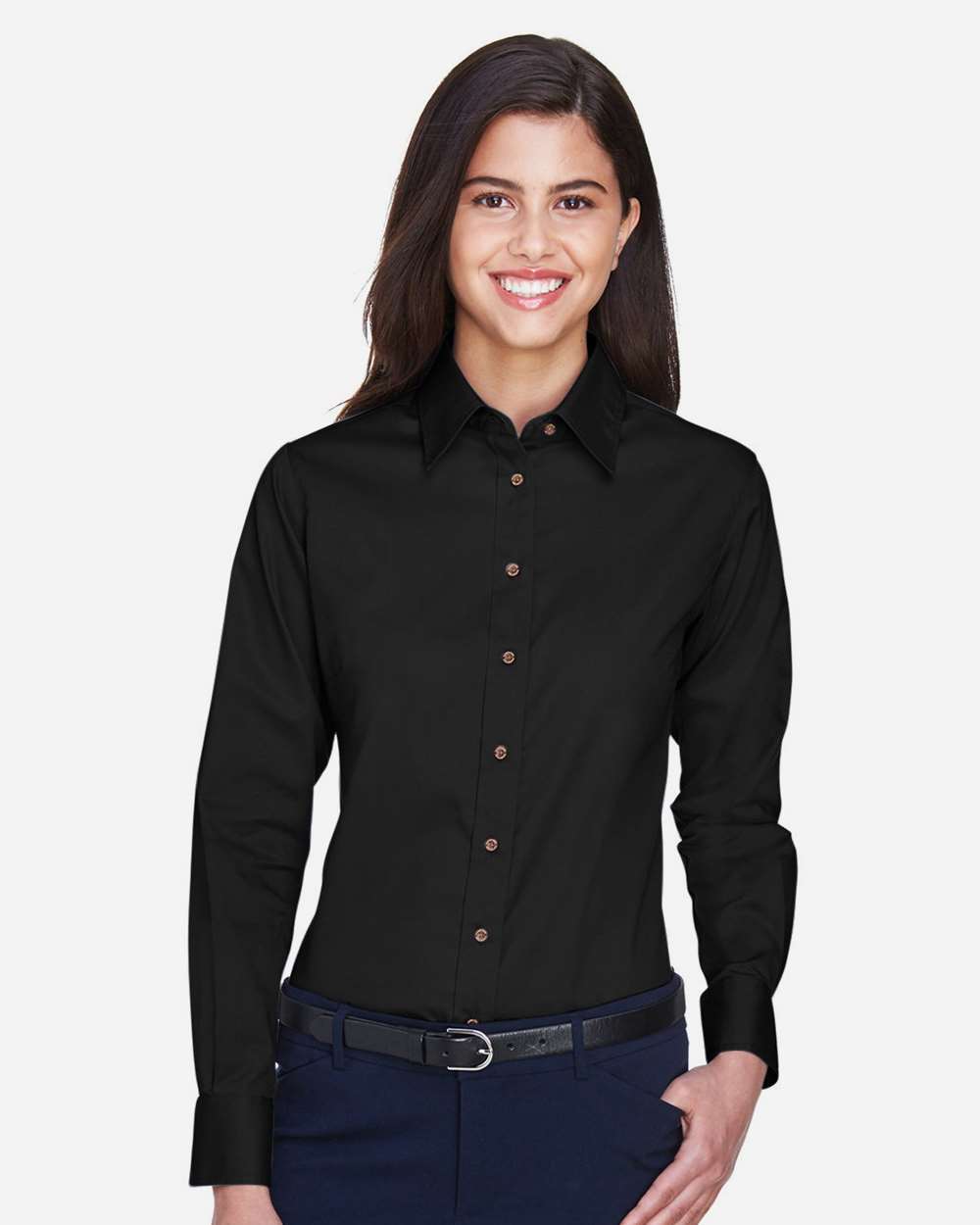 Harriton Women's Easy Blend™ Twill Dress Shirt with Stain-Release - M500W Black