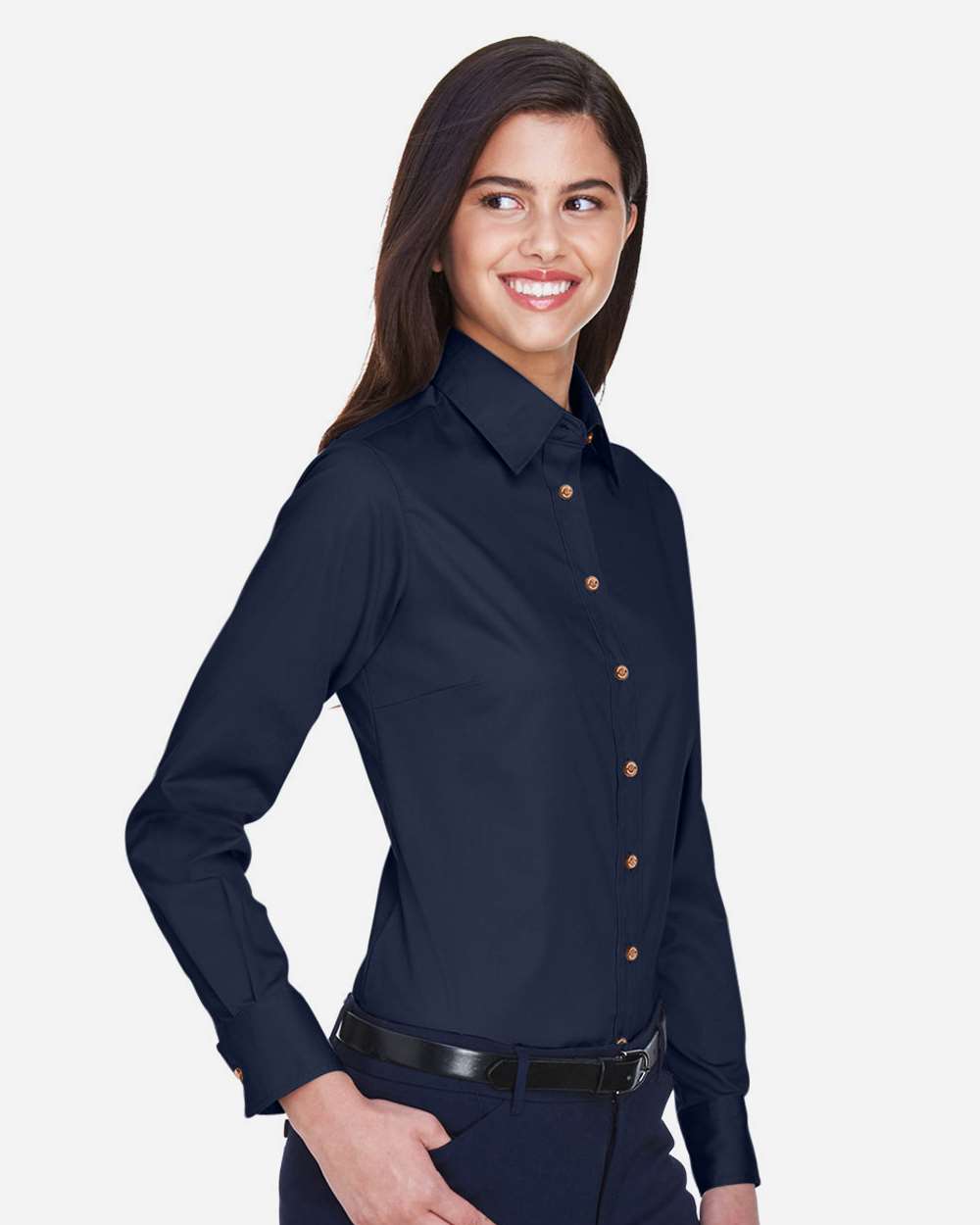 Harriton Women's Easy Blend™ Twill Dress Shirt with Stain-Release - M500W Navy