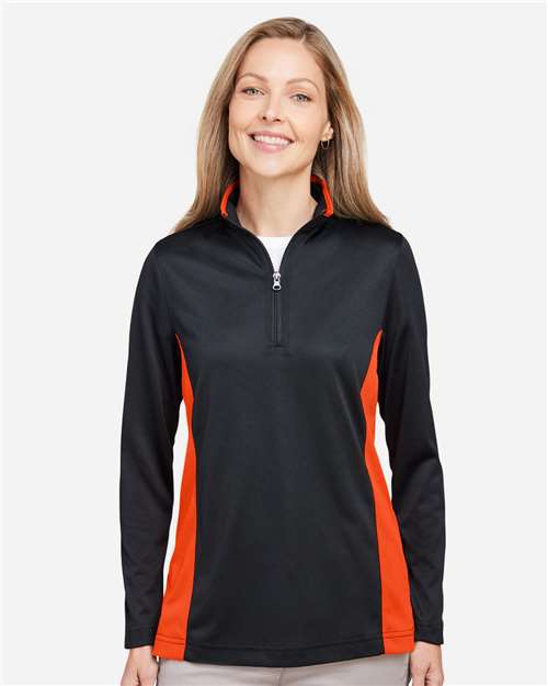 Harriton Women's Flash Snag Protection Plus IL Colorblock Quarter-Zip Pullover - M786W Black- Team Orange
