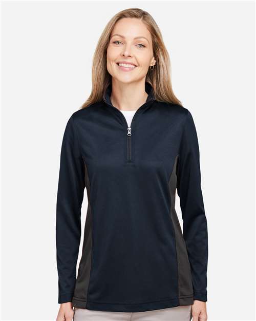 Harriton Women's Flash Snag Protection Plus IL Colorblock Quarter-Zip Pullover - M786W Dark Navy- Dark Charcoal