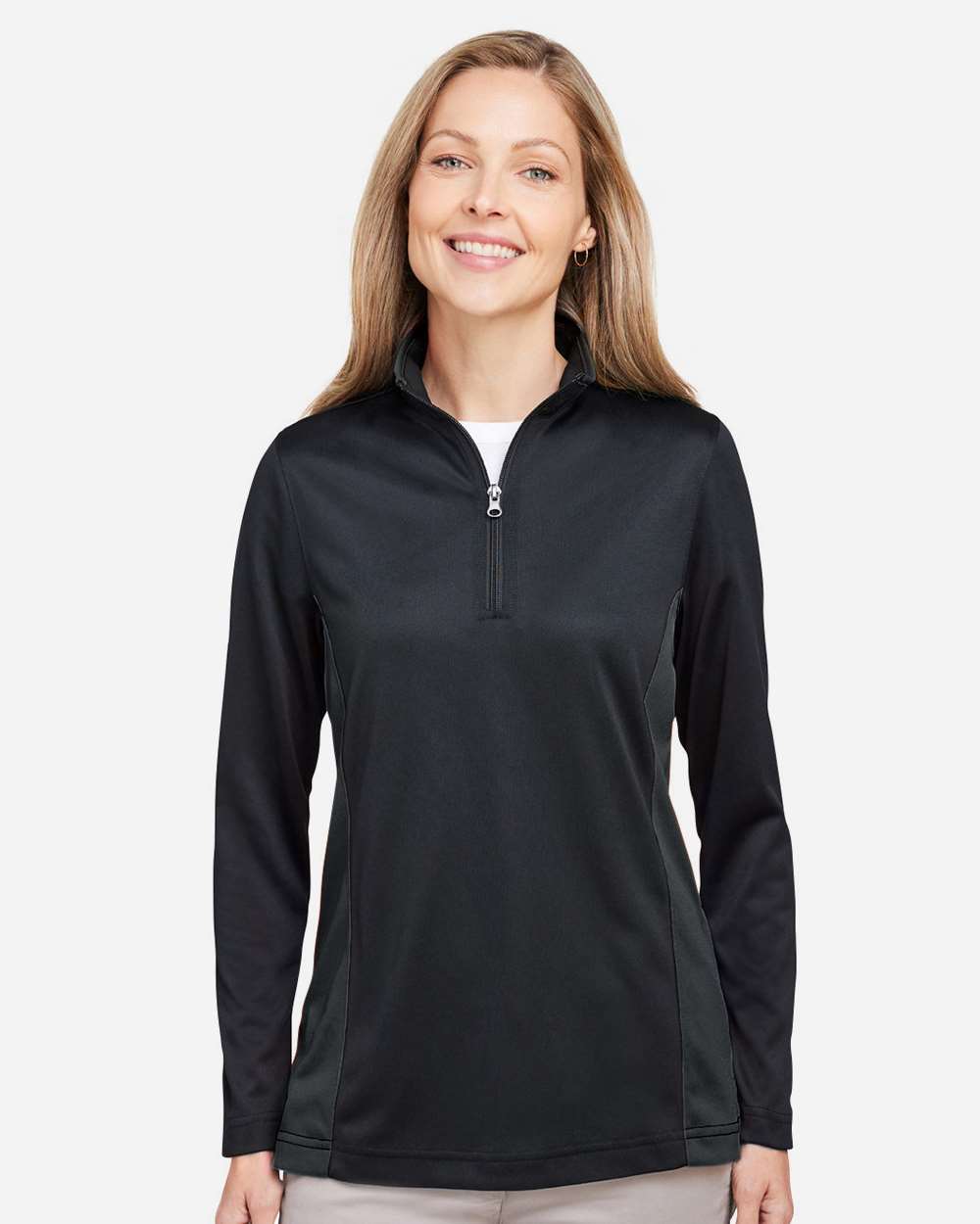 Harriton Women's Flash Snag Protection Plus IL Colorblock Quarter-Zip Pullover - M786W Black- Dark Charcoal