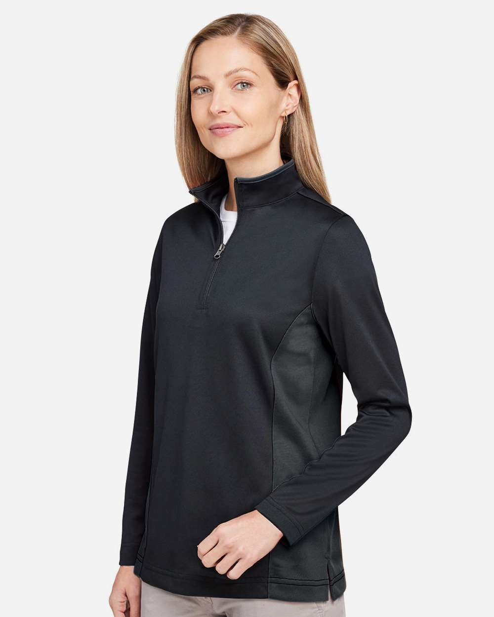 Harriton Women's Flash Snag Protection Plus IL Colorblock Quarter-Zip Pullover - M786W Black- Dark Charcoal