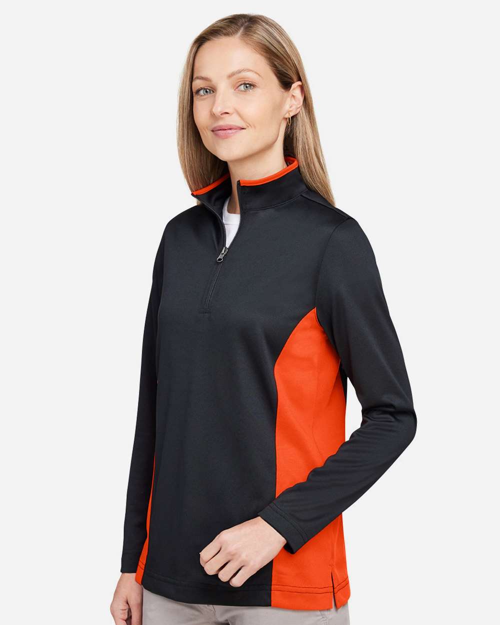 Harriton Women's Flash Snag Protection Plus IL Colorblock Quarter-Zip Pullover - M786W Black- Team Orange