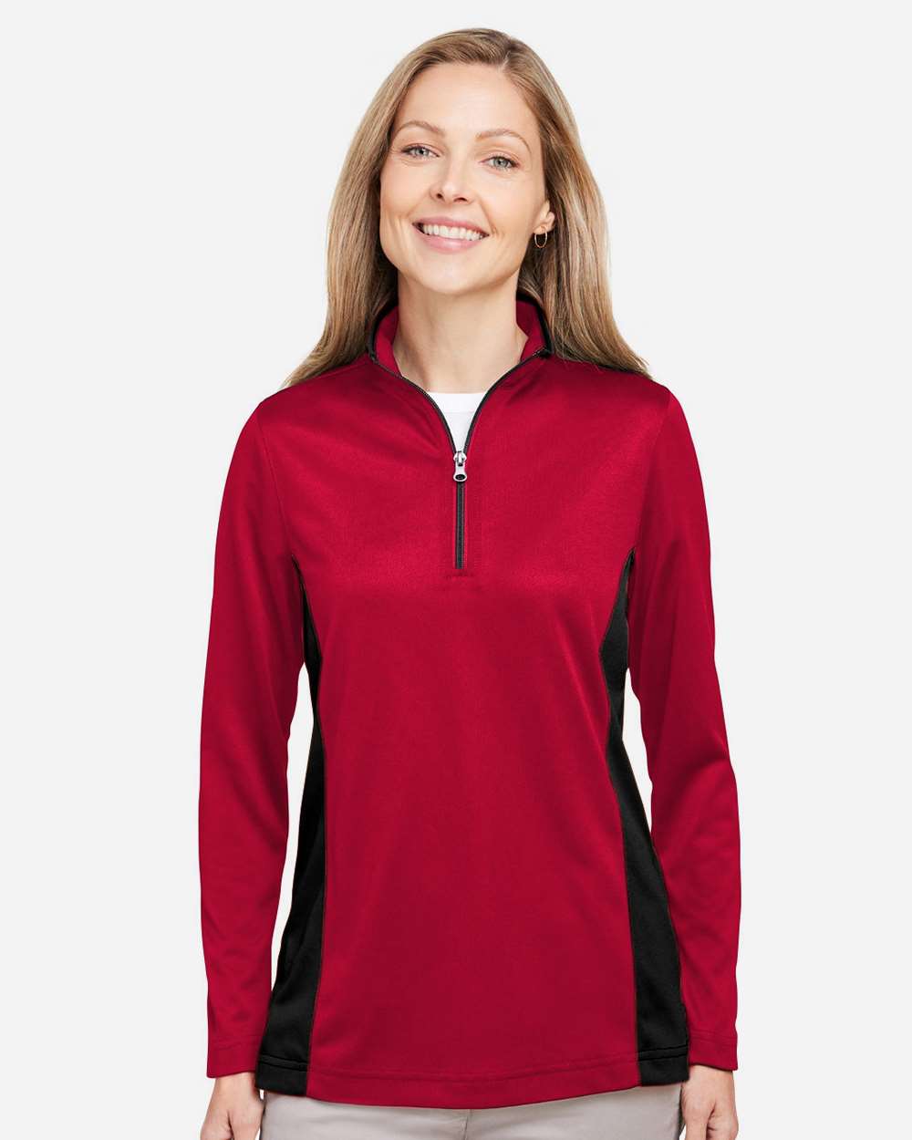 Harriton Women's Flash Snag Protection Plus IL Colorblock Quarter-Zip Pullover - M786W Red- Black