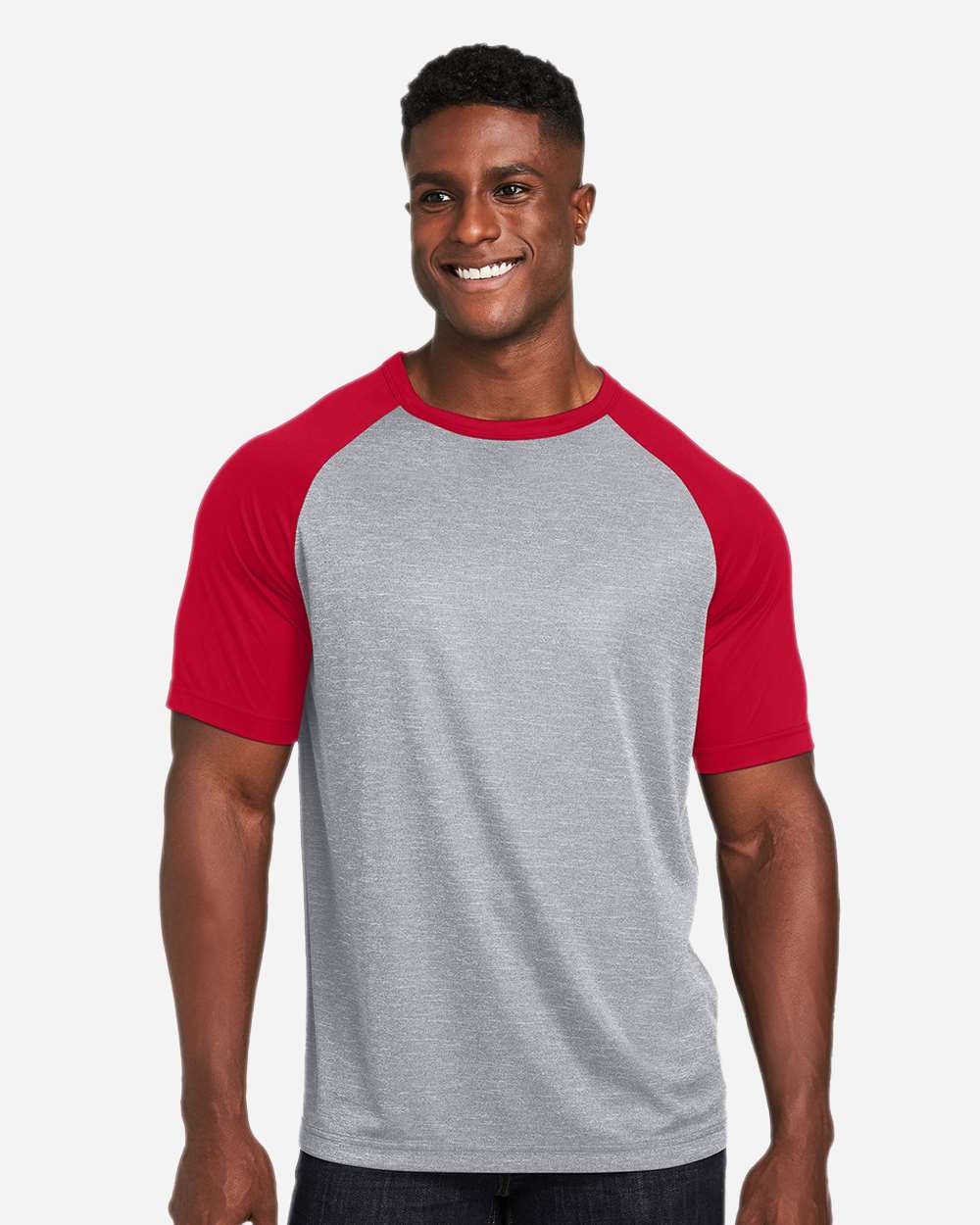 Team 365 Unisex Zone Colorblock Raglan T-Shirt - TT62 Athletic Heather- Sport Red