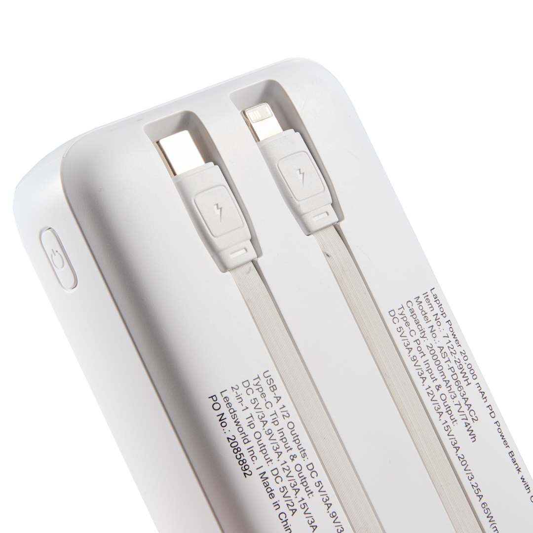 Laptop Power 20,000 mAh PD Power Bank with Cables - 7122-29 White