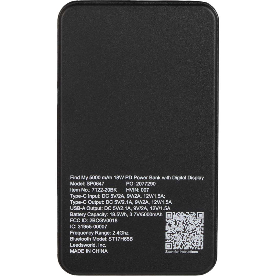 Find My 5000 mAh 18W PD Power Bank/Digital Display - 7122-20 Black