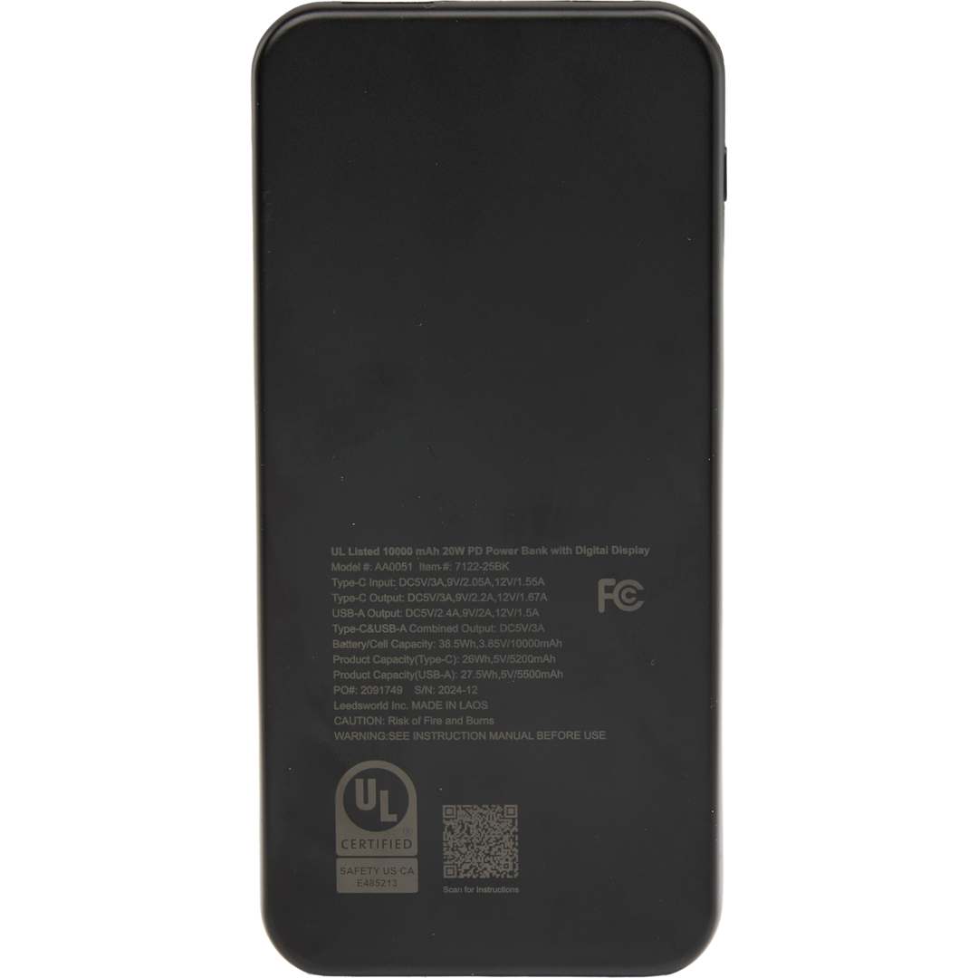 UL Listed 10000 mAh 20W Digital Display PowerBank - 7122-25 Black