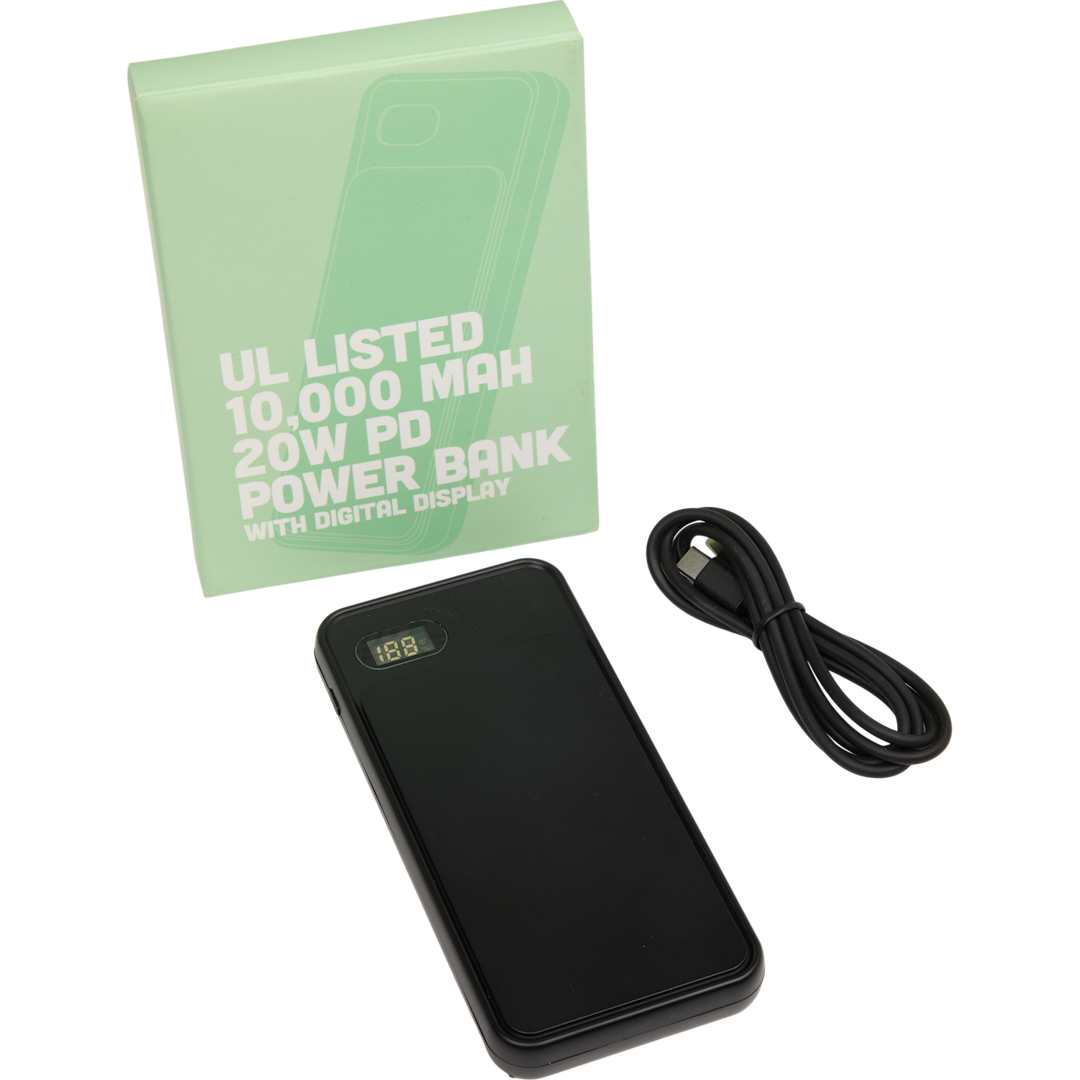 UL Listed 10000 mAh 20W Digital Display PowerBank - 7122-25 Black