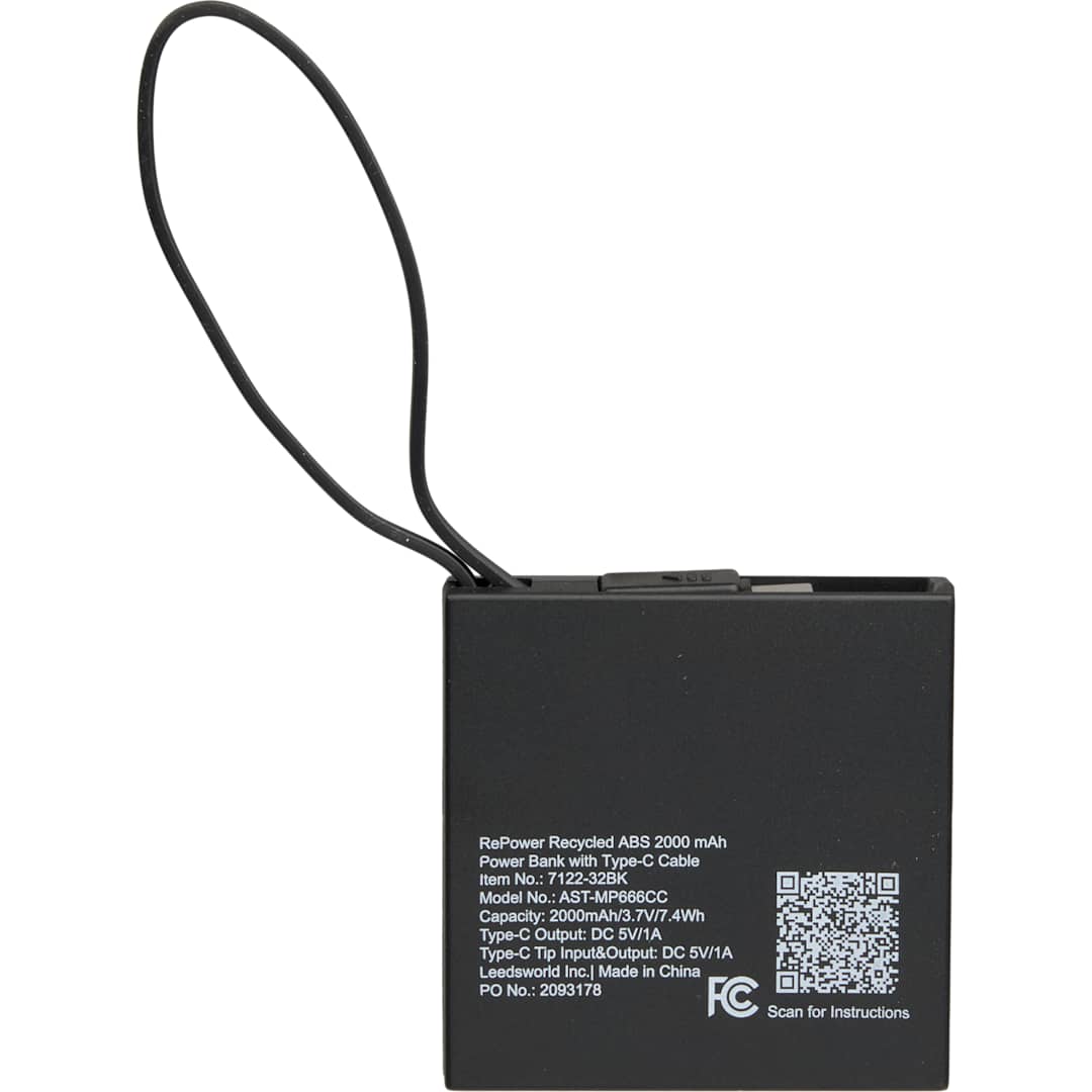 Recycled ABS 2000 mAh Power Bank with Type-C Cable - 7122-32 Black