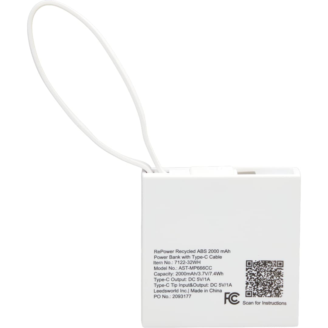Recycled ABS 2000 mAh Power Bank with Type-C Cable - 7122-32 White