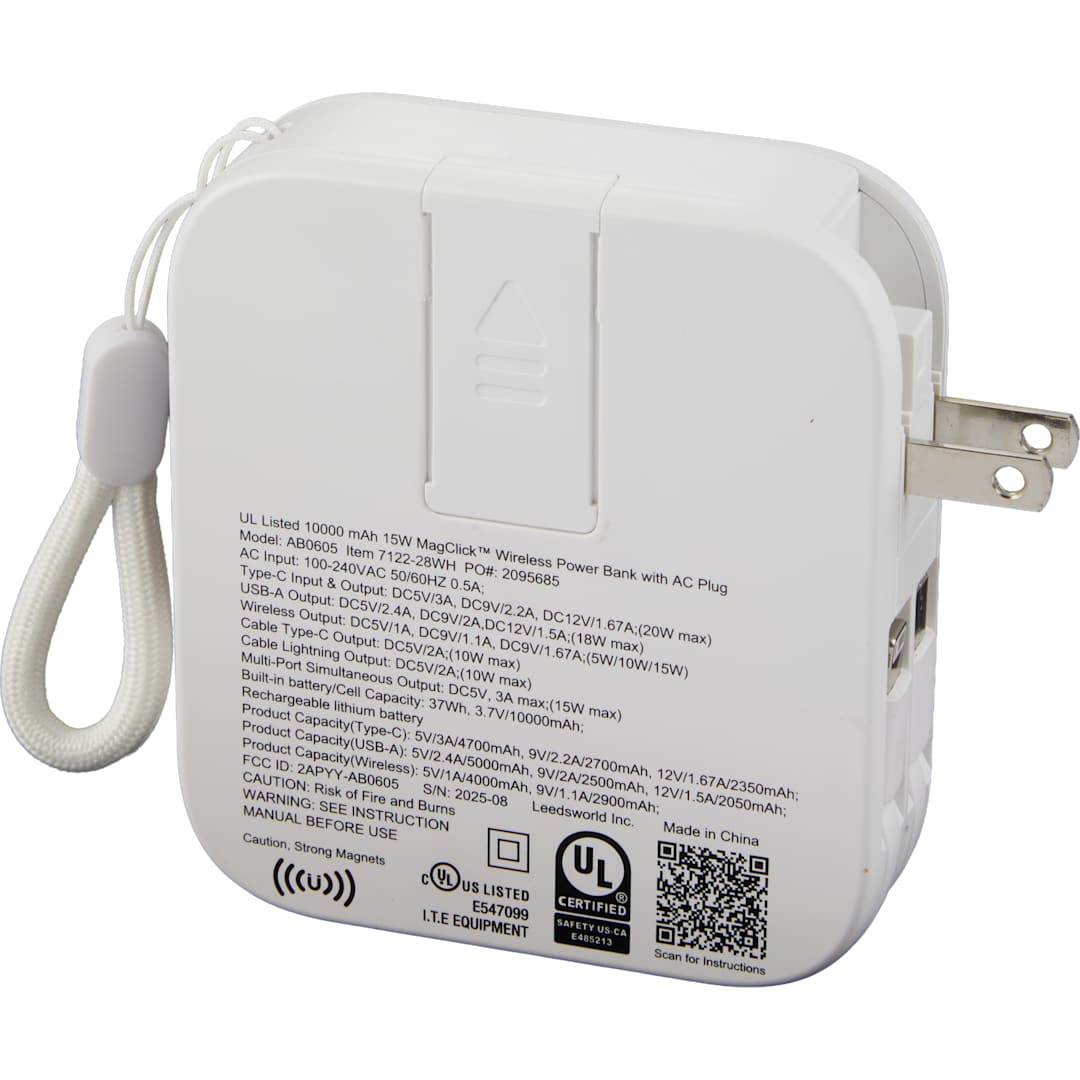 UL Listed 10000 mAh MagClick™ Power Bank with Plug - 7122-28 White