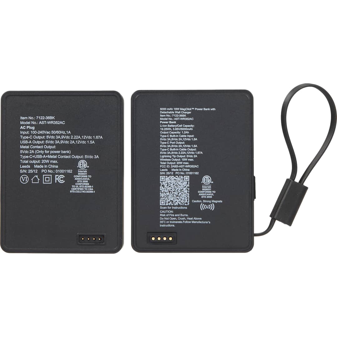 5000 mAh 15W MagClick Power Bank with Wall Charger - 7122-36 Black