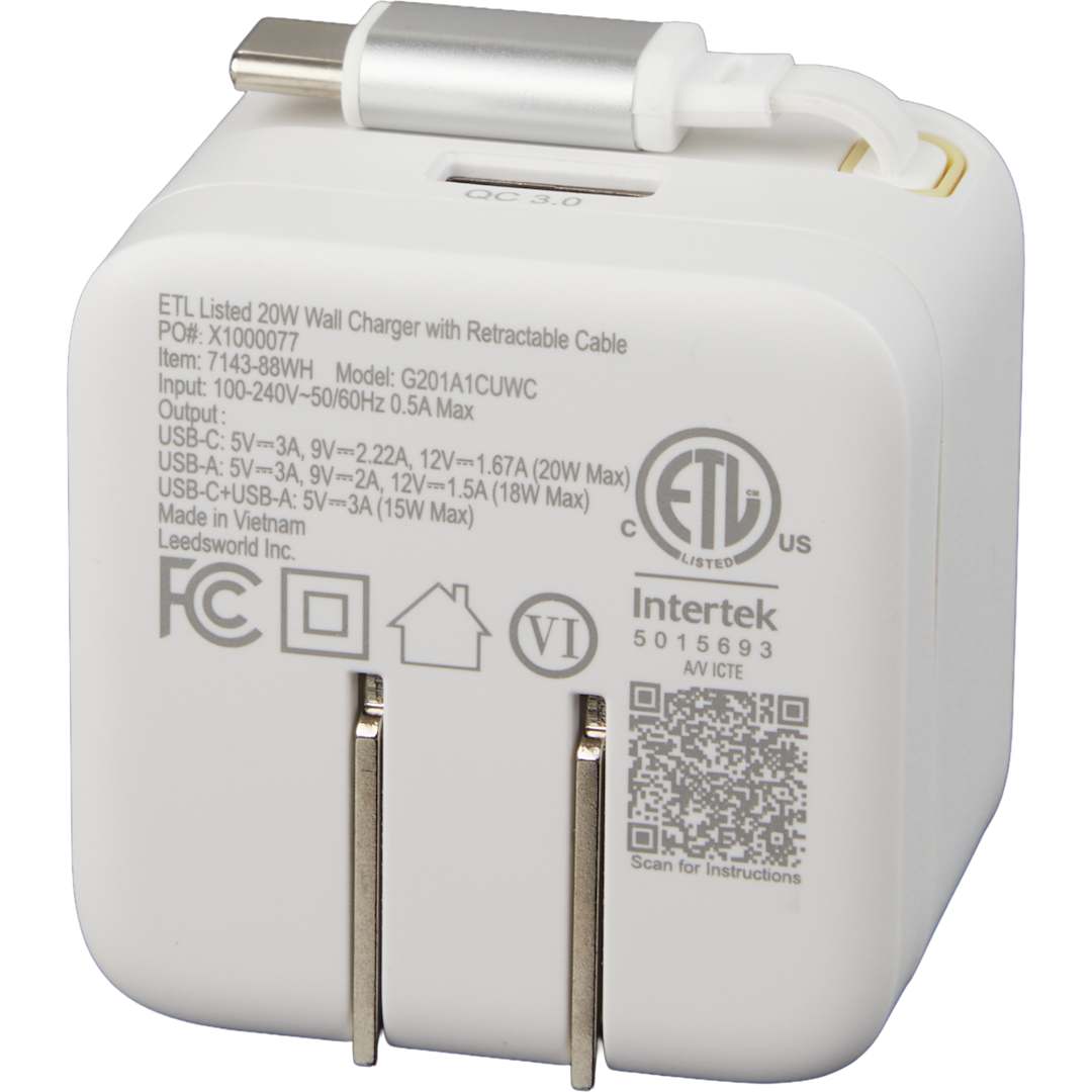 ETL Listed 20W Wall Charger with Retractable Cable - 7143-88 White