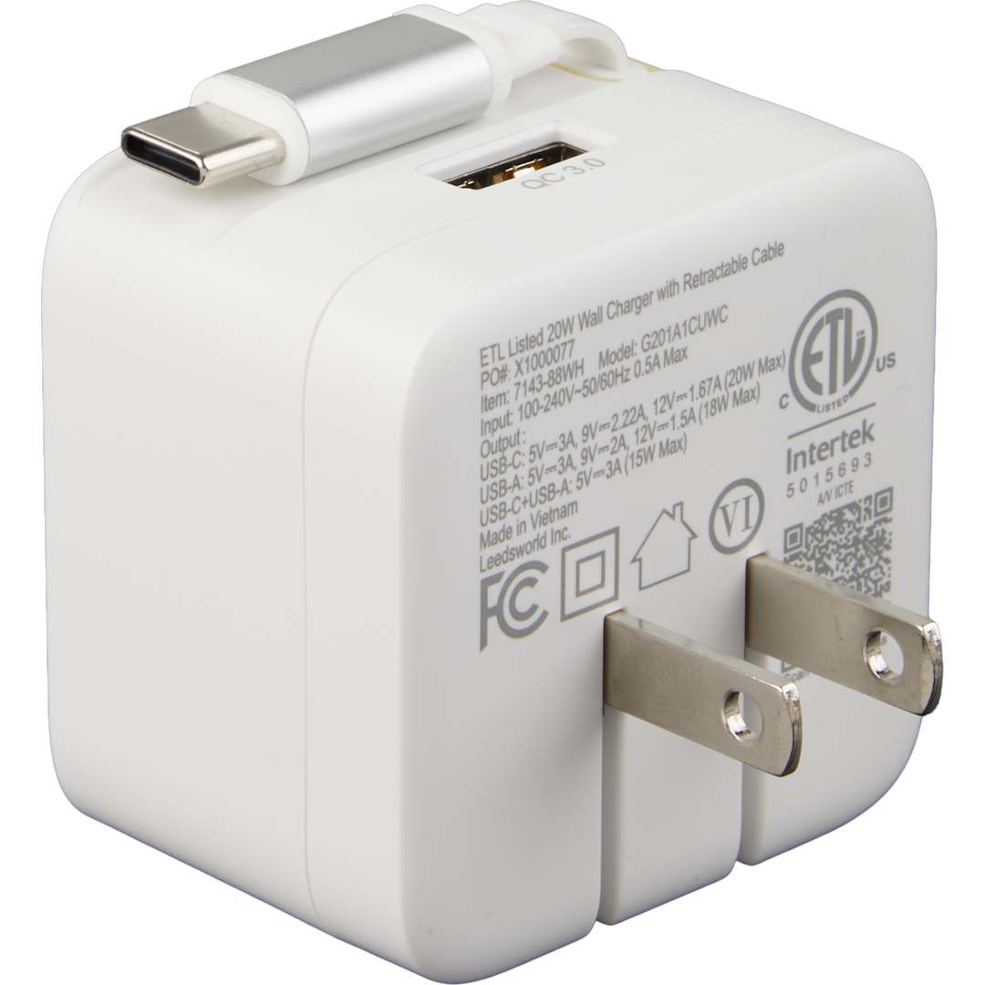 ETL Listed 20W Wall Charger with Retractable Cable - 7143-88 White