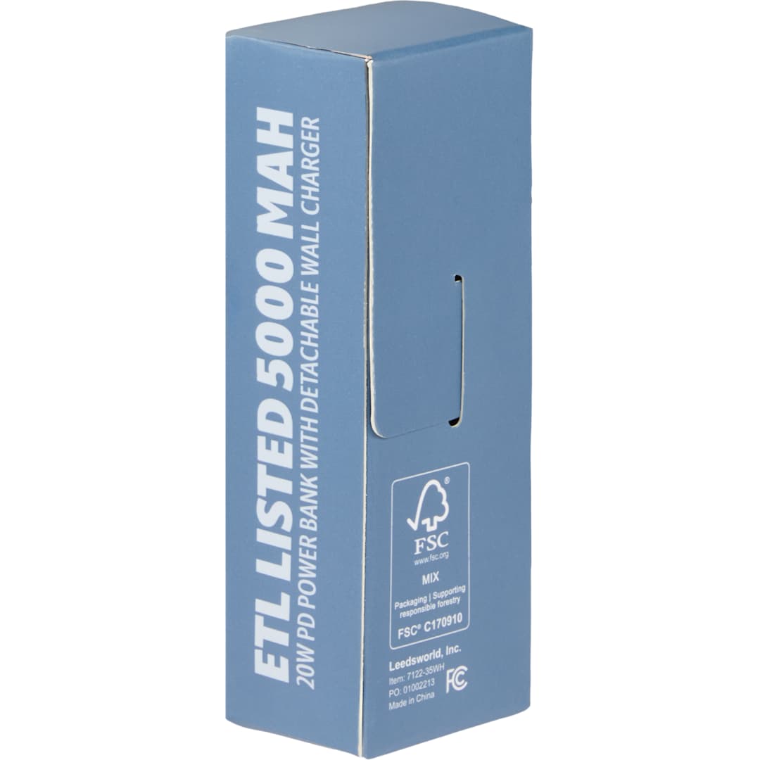 ETL Listed 5000 mAh 20W PD Power Bank with AC Plug - 7122-35 White