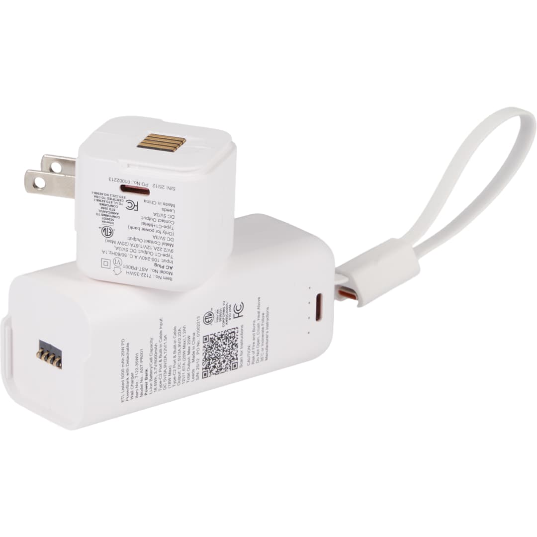 ETL Listed 5000 mAh 20W PD Power Bank with AC Plug - 7122-35 White