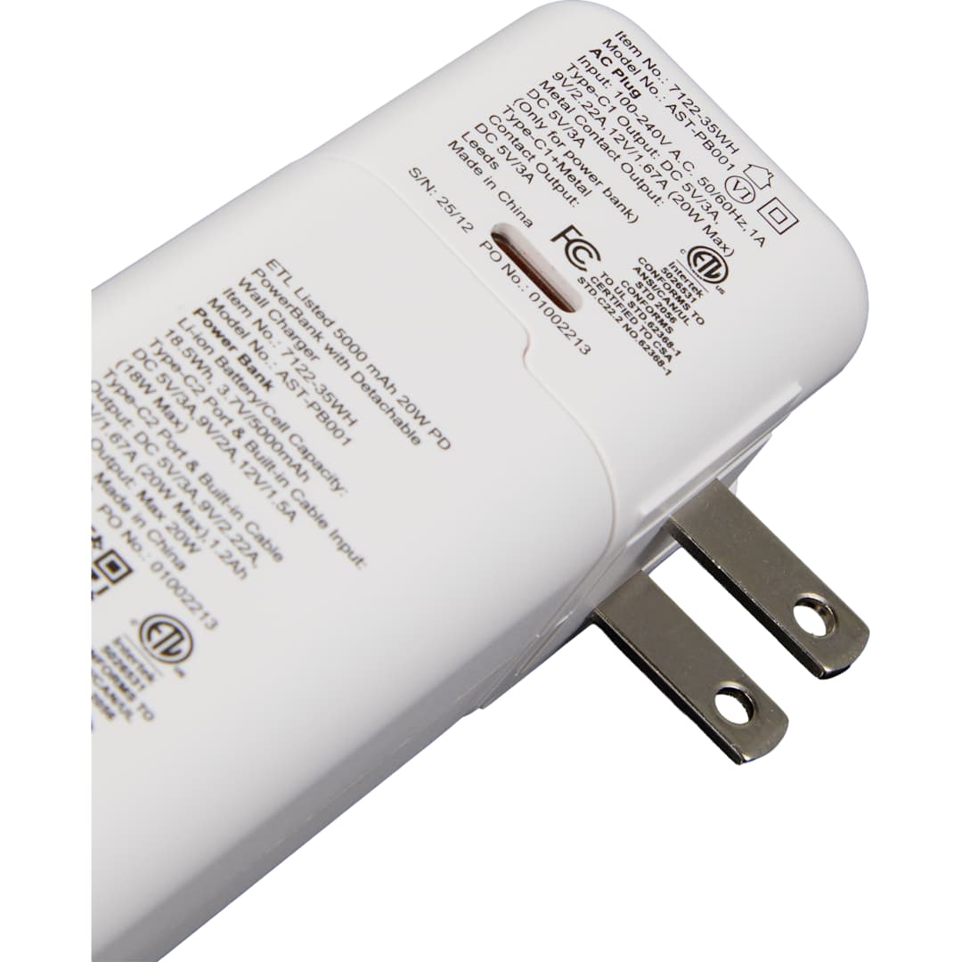 ETL Listed 5000 mAh 20W PD Power Bank with AC Plug - 7122-35 White