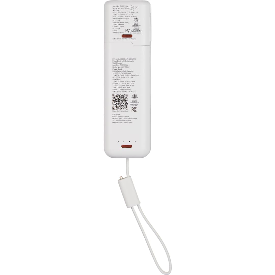 ETL Listed 5000 mAh 20W PD Power Bank with AC Plug - 7122-35 White