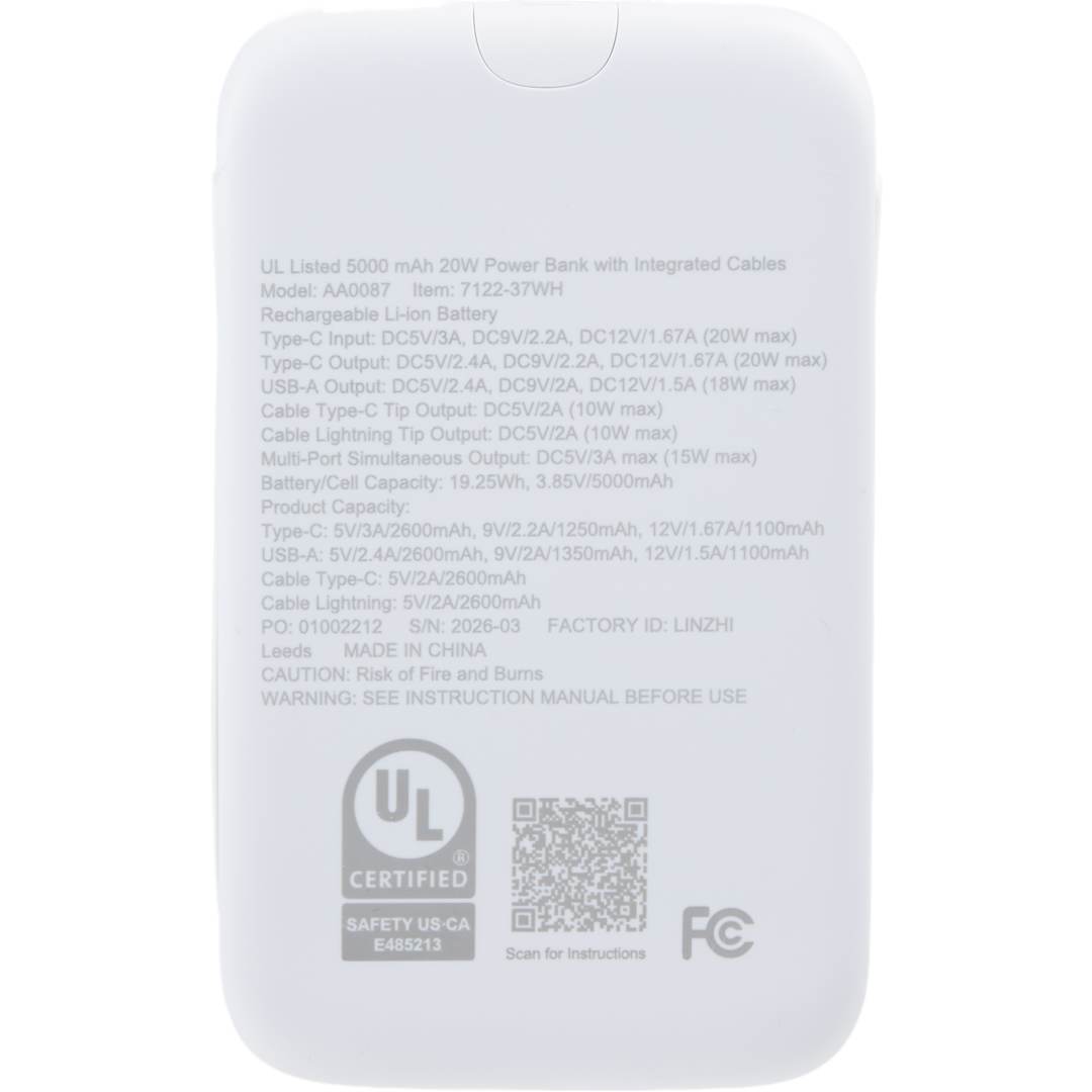 UL Listed 5000 20W Power Bank with Integrated Cabl - 7122-37 White
