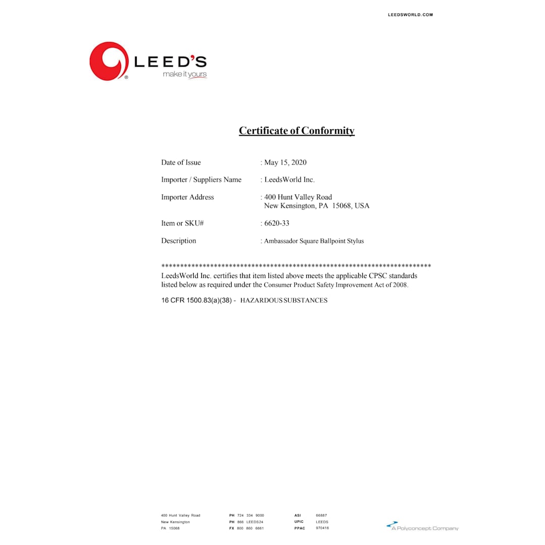 Ambassador Square Ballpoint Stylus - 6620-33 Black