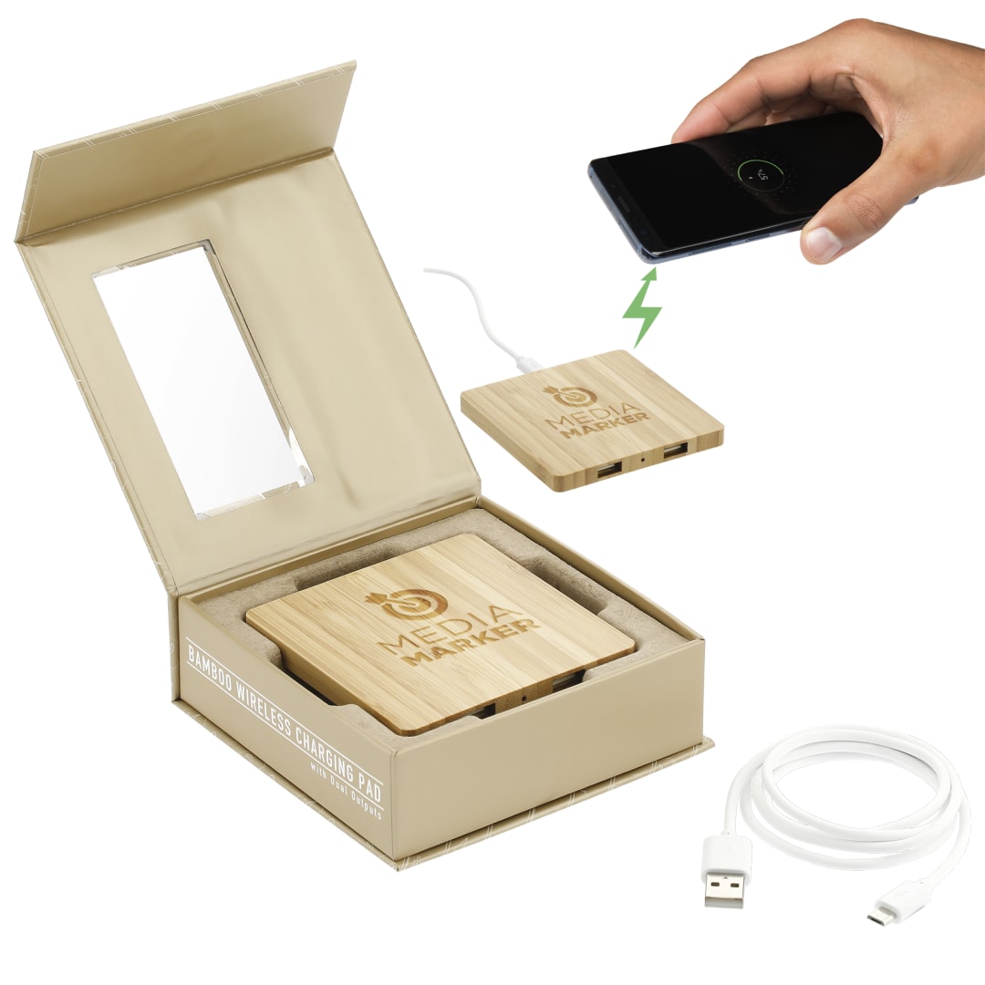 FSC&#174; 100% Bamboo Wireless Charge Pad w/Dual Output - 7143-06 Natural