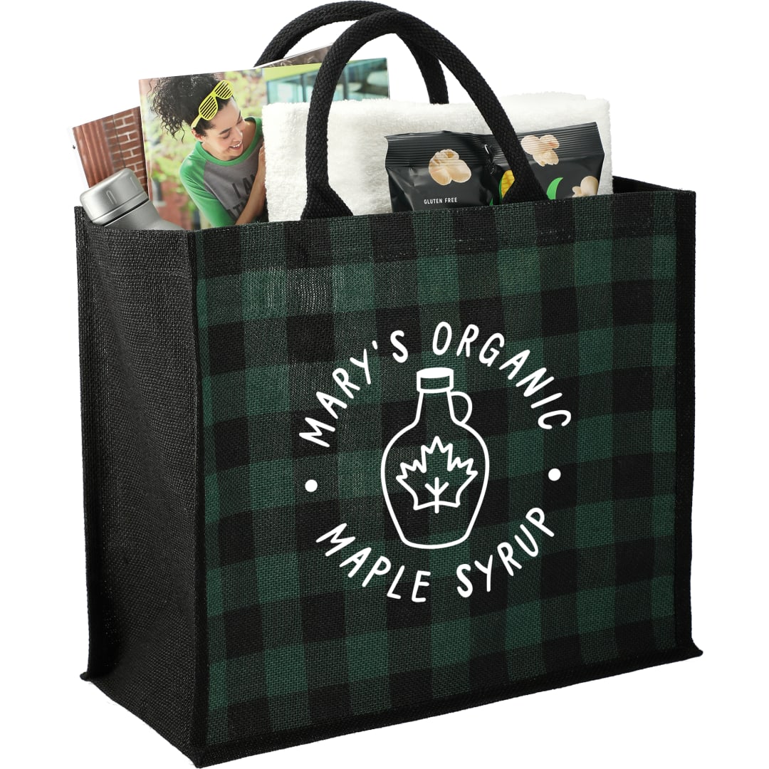 Buffalo Plaid Printed Jute Tote - SM-5767 Green