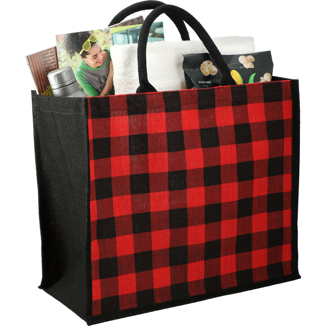 Buffalo Plaid Printed Jute Tote - SM-5767 Red