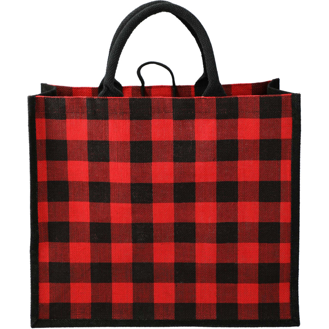 Buffalo Plaid Printed Jute Tote - SM-5767 Red