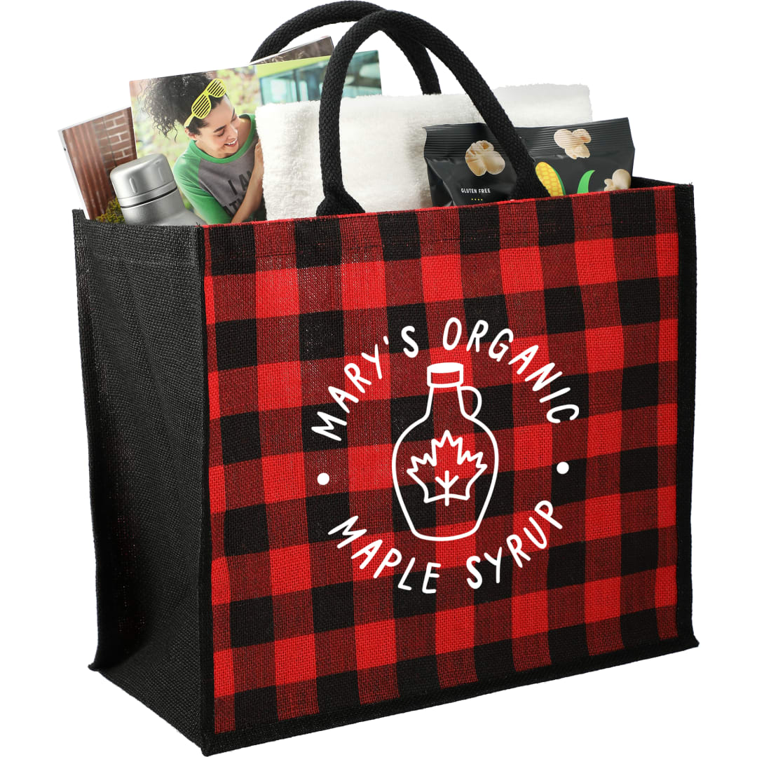 Buffalo Plaid Printed Jute Tote - SM-5767 Red