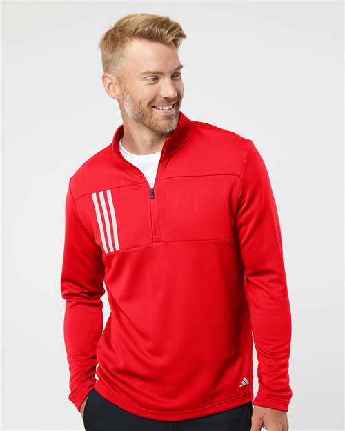 Adidas Men's 3-Stripes Double-Knit Quarter-Zip Pullover - A482 Team Collegiate Red- Grey Two