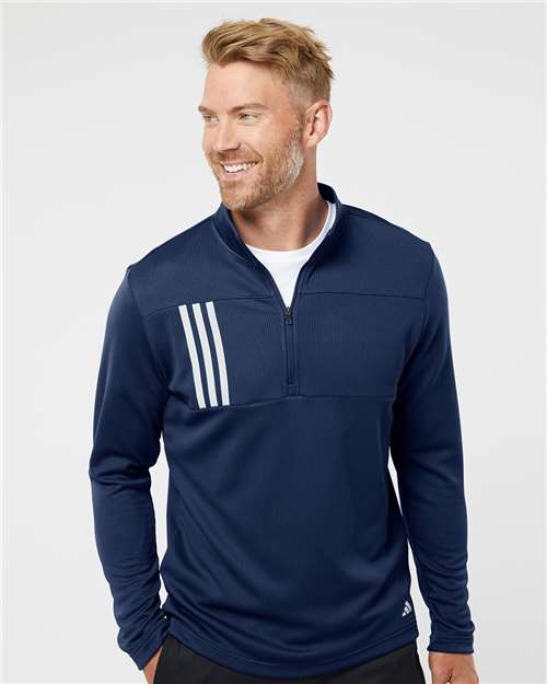 Adidas Men's 3-Stripes Double-Knit Quarter-Zip Pullover - A482 Team Navy Blue- Grey Two