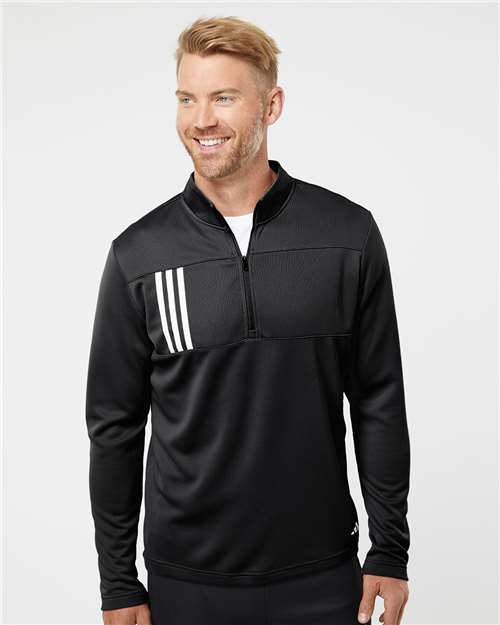 Adidas Men's 3-Stripes Double-Knit Quarter-Zip Pullover - A482 Black- Grey Two