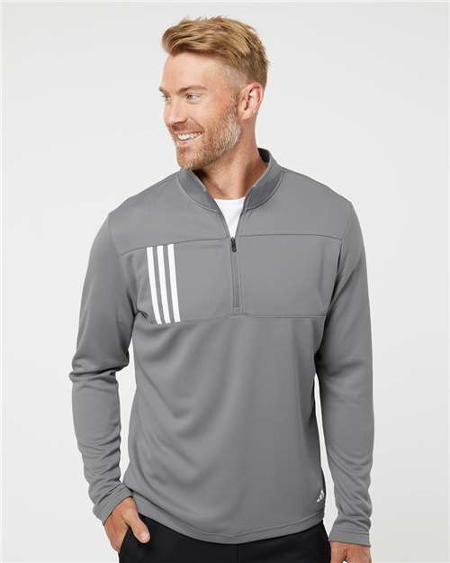 Adidas Men's 3-Stripes Double-Knit Quarter-Zip Pullover - A482 Grey Three- White