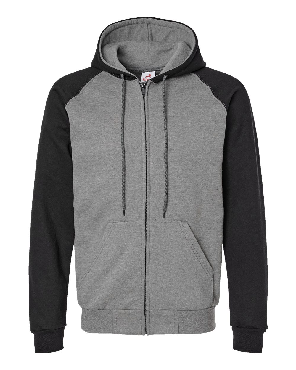 King Fashion Fleece Raglan Hooded Full-Zip Sweatshirt - KF4048 Grey Heather- Black