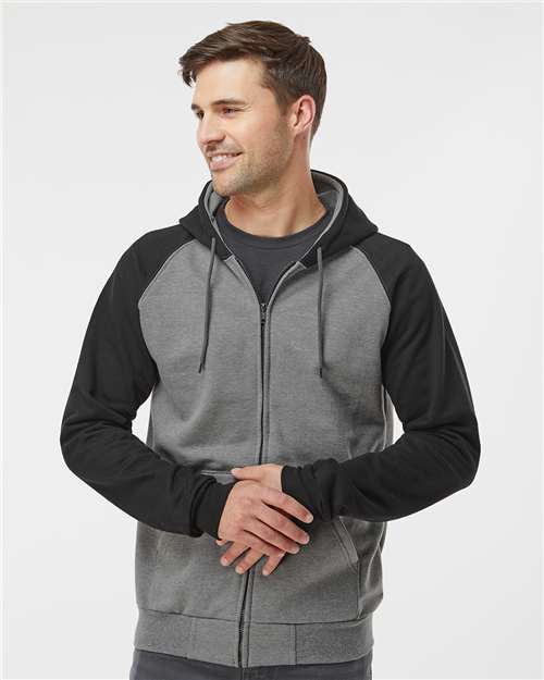 King Fashion Fleece Raglan Hooded Full-Zip Sweatshirt - KF4048 Grey Heather- Black