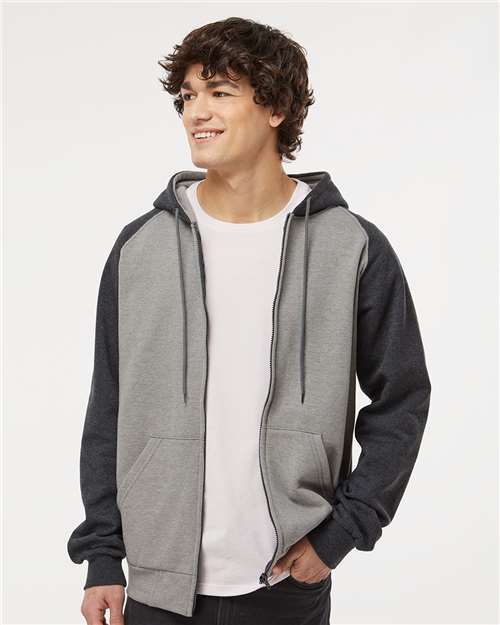 King Fashion Fleece Raglan Hooded Full-Zip Sweatshirt - KF4048 Grey Heather- Dark Charcoal