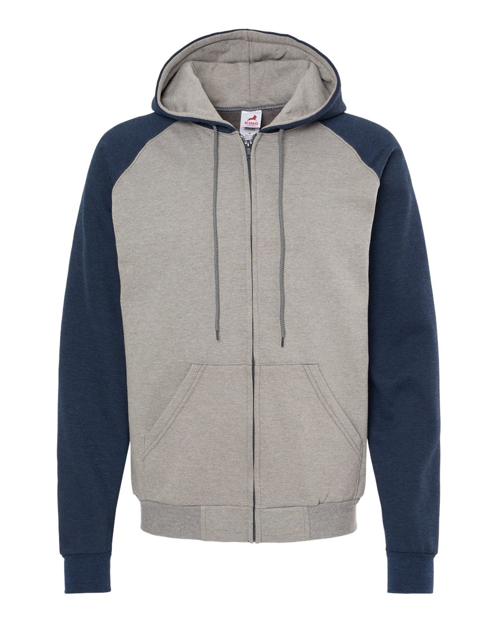 King Fashion Fleece Raglan Hooded Full-Zip Sweatshirt - KF4048 Grey Heather- Navy